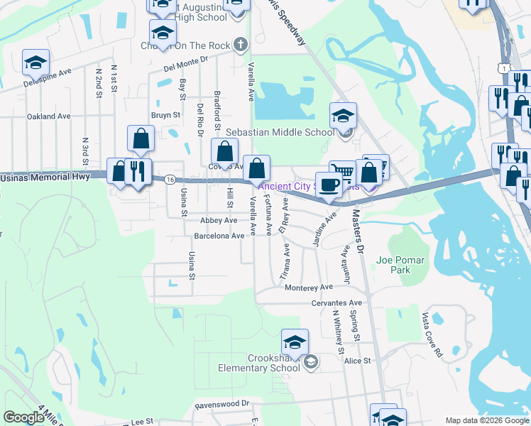 map of restaurants, bars, coffee shops, grocery stores, and more near 393 Fortuna Avenue in St. Augustine