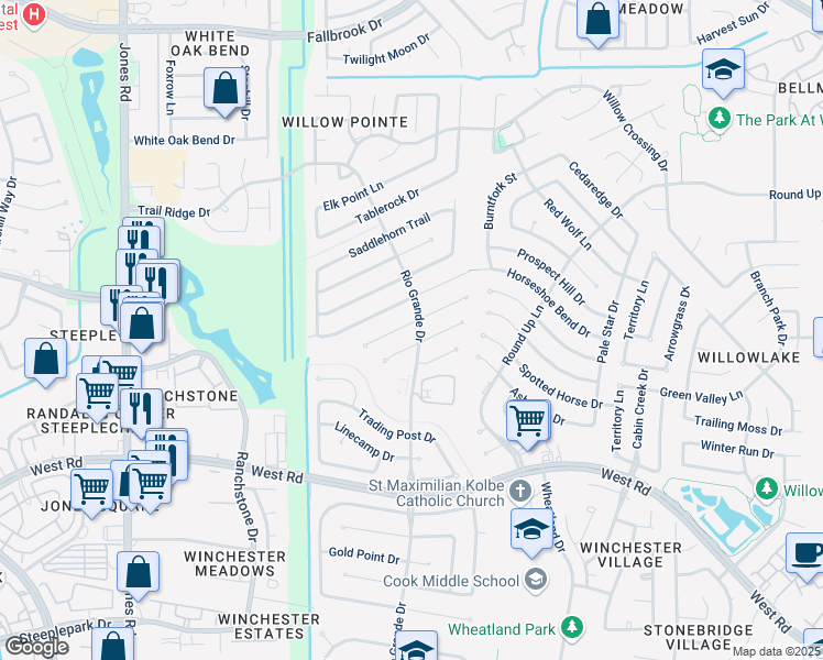 map of restaurants, bars, coffee shops, grocery stores, and more near 10418 Sand Pass Lane in Houston