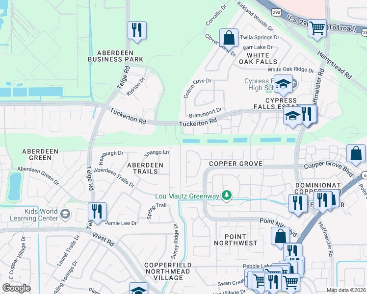 map of restaurants, bars, coffee shops, grocery stores, and more near 9438 Hudson Bend Circle in Houston