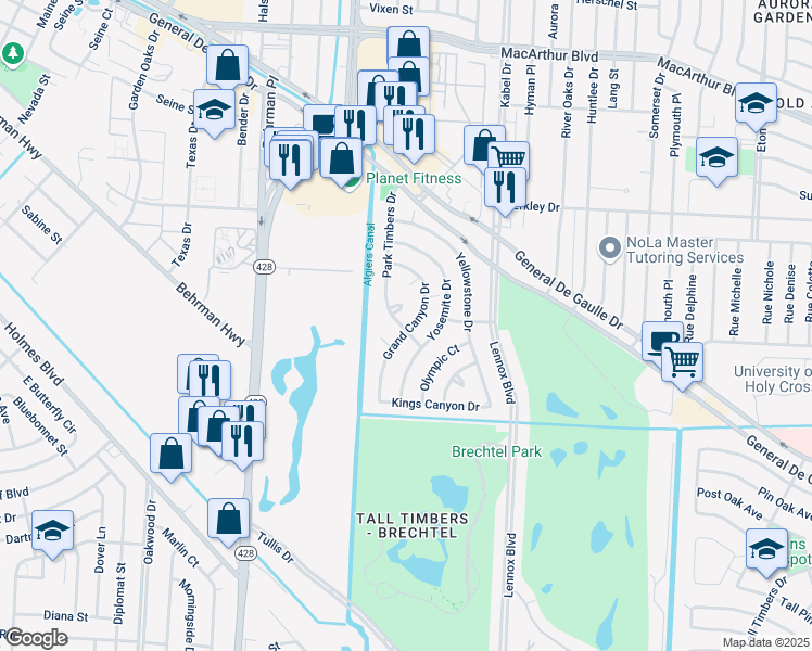 map of restaurants, bars, coffee shops, grocery stores, and more near 41 Grand Canyon Drive in New Orleans