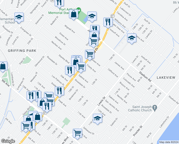 map of restaurants, bars, coffee shops, grocery stores, and more near 4440 Gulfway Drive in Port Arthur