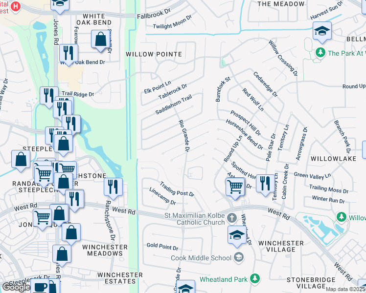 map of restaurants, bars, coffee shops, grocery stores, and more near 10418 Sand Pass Lane in Houston