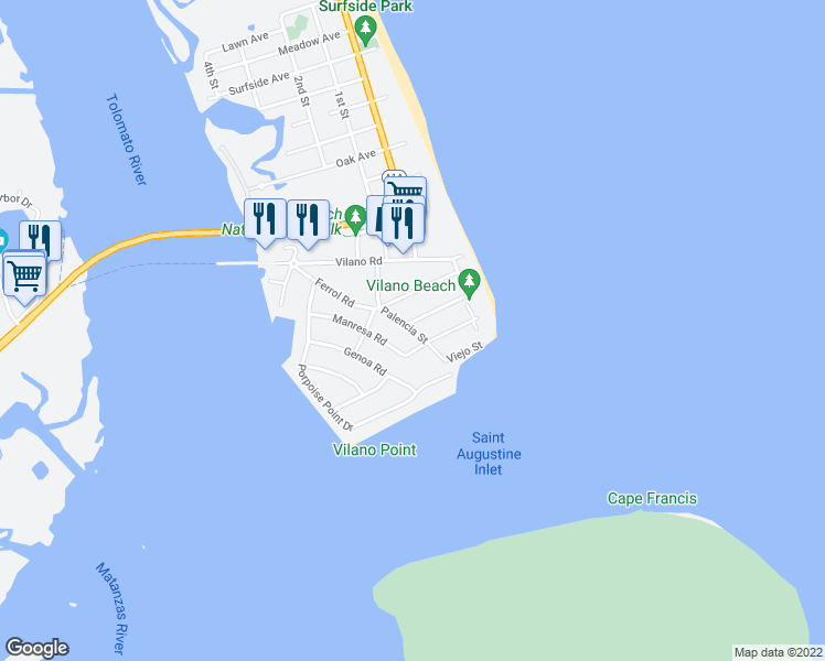 map of restaurants, bars, coffee shops, grocery stores, and more near 2709 Palencia Street in St. Augustine