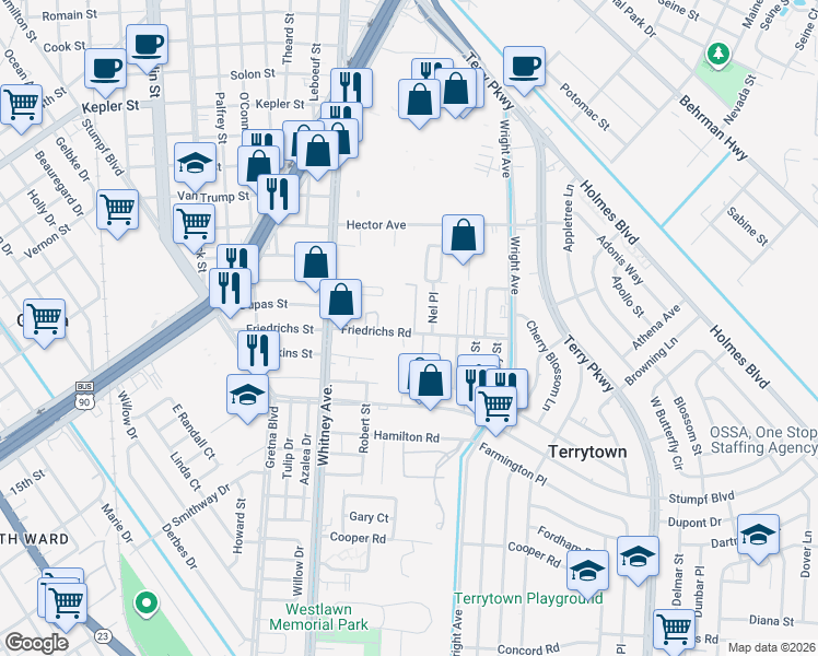 map of restaurants, bars, coffee shops, grocery stores, and more near 161 Friedrichs Road in Gretna