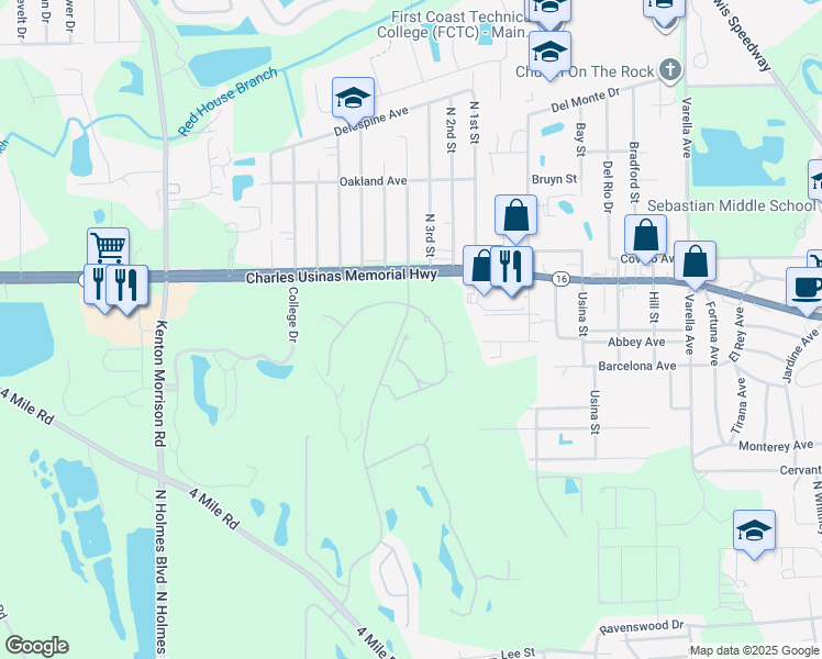 map of restaurants, bars, coffee shops, grocery stores, and more near 625 Fairway Drive in St. Augustine