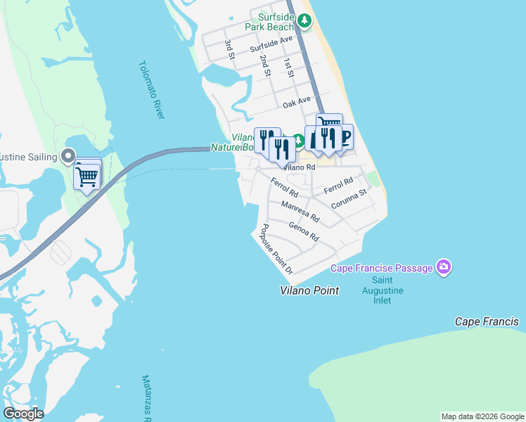 map of restaurants, bars, coffee shops, grocery stores, and more near 203 Porpoise Point Drive in St. Augustine