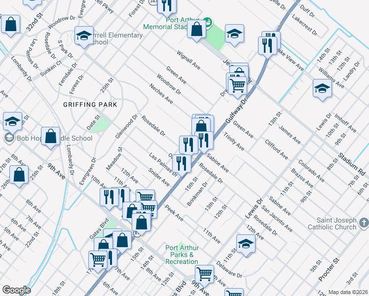 map of restaurants, bars, coffee shops, grocery stores, and more near 4101 Dryden Road in Port Arthur