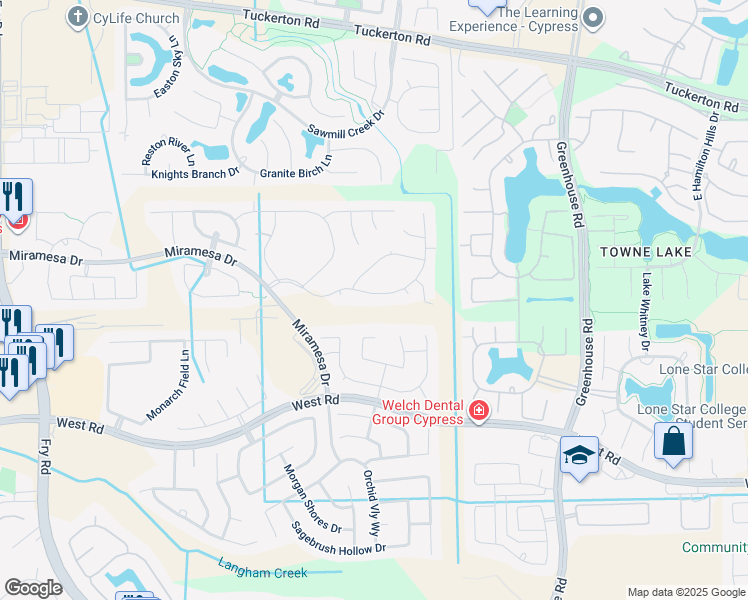 map of restaurants, bars, coffee shops, grocery stores, and more near 19935 Whistle Creek Lane in Cypress