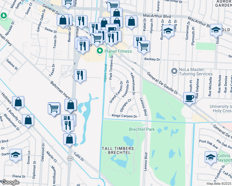 map of restaurants, bars, coffee shops, grocery stores, and more near 41 Grand Canyon Drive in New Orleans