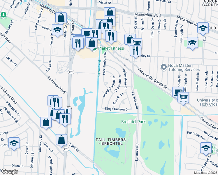 map of restaurants, bars, coffee shops, grocery stores, and more near 41 Grand Canyon Dr in New Orleans