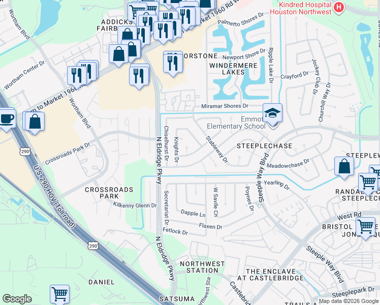 map of restaurants, bars, coffee shops, grocery stores, and more near 9802 Canterhurst Circle in Houston