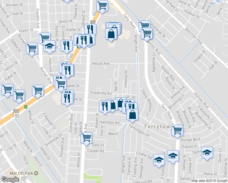 map of restaurants, bars, coffee shops, grocery stores, and more near 227 Fredericks Street in Gretna