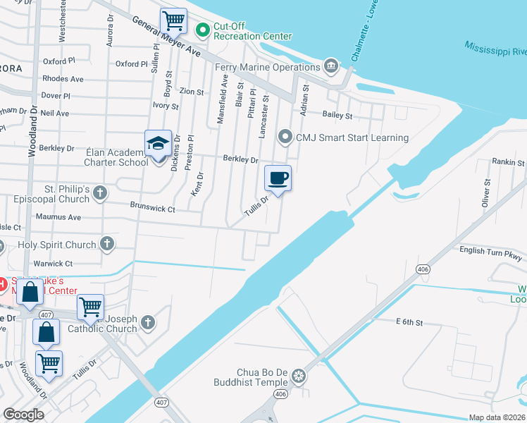 map of restaurants, bars, coffee shops, grocery stores, and more near 3611 Tasha Place in New Orleans
