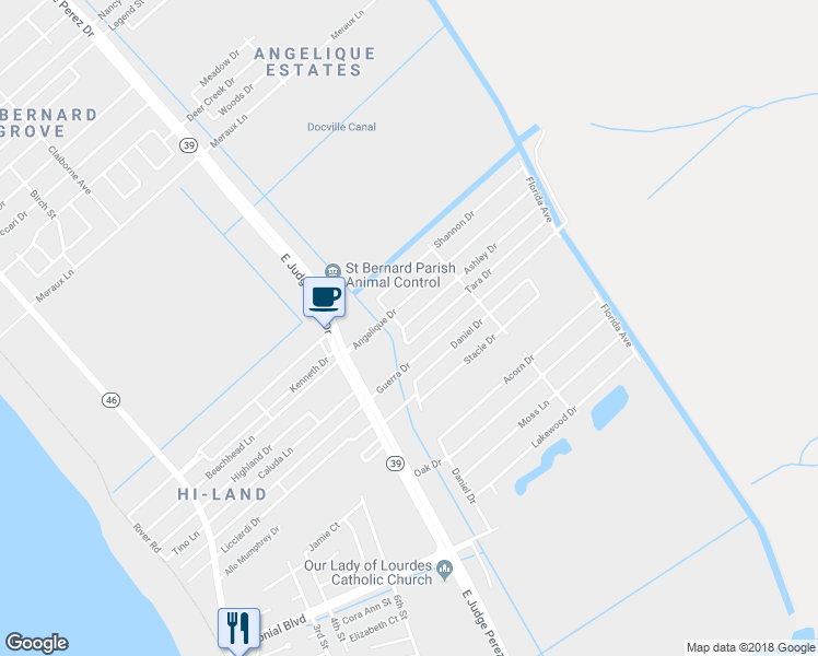 map of restaurants, bars, coffee shops, grocery stores, and more near 2801 Ashley Drive in Violet