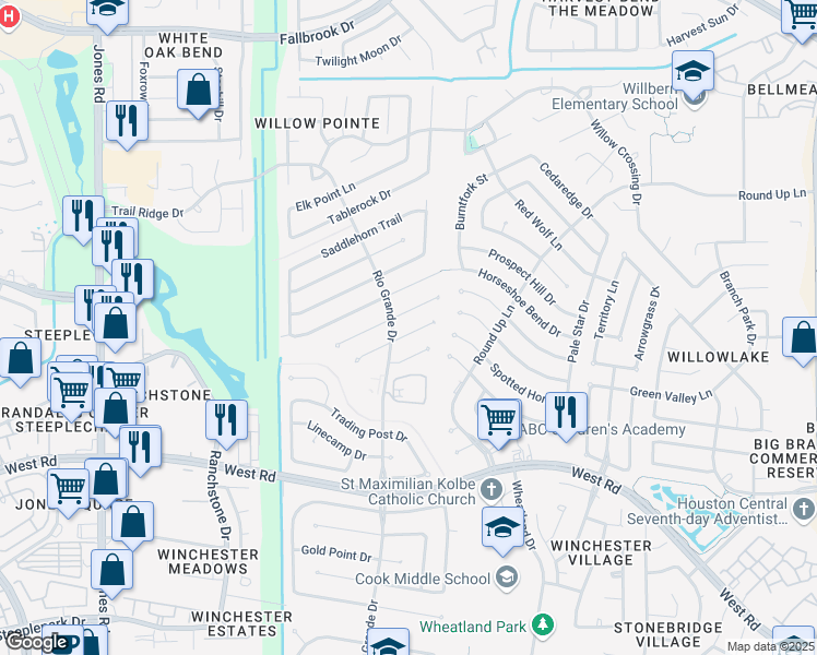 map of restaurants, bars, coffee shops, grocery stores, and more near 10306 Green Valley Lane in Houston