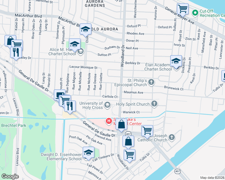 map of restaurants, bars, coffee shops, grocery stores, and more near 3700 Rue Andree in New Orleans