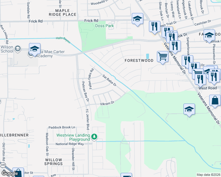 map of restaurants, bars, coffee shops, grocery stores, and more near 12638 Needles Nest Road in Houston