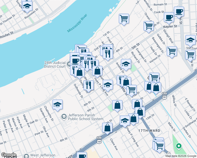 map of restaurants, bars, coffee shops, grocery stores, and more near 735 6th Street in Gretna