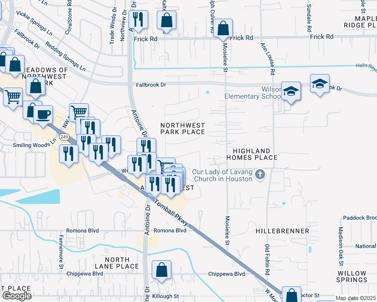 map of restaurants, bars, coffee shops, grocery stores, and more near 5830 Wickover Lane in Houston