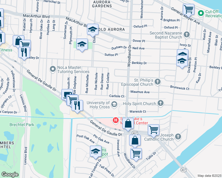 map of restaurants, bars, coffee shops, grocery stores, and more near 3701 Rue Nadine in New Orleans