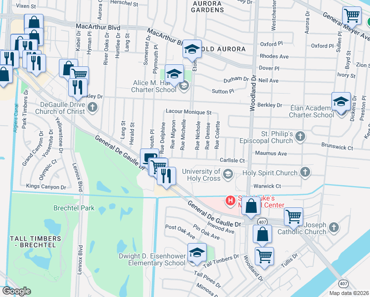 map of restaurants, bars, coffee shops, grocery stores, and more near 3710 Rue Michelle in New Orleans