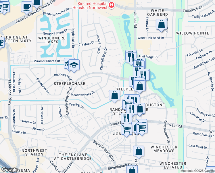map of restaurants, bars, coffee shops, grocery stores, and more near 11403 Meadowchase Drive in Houston