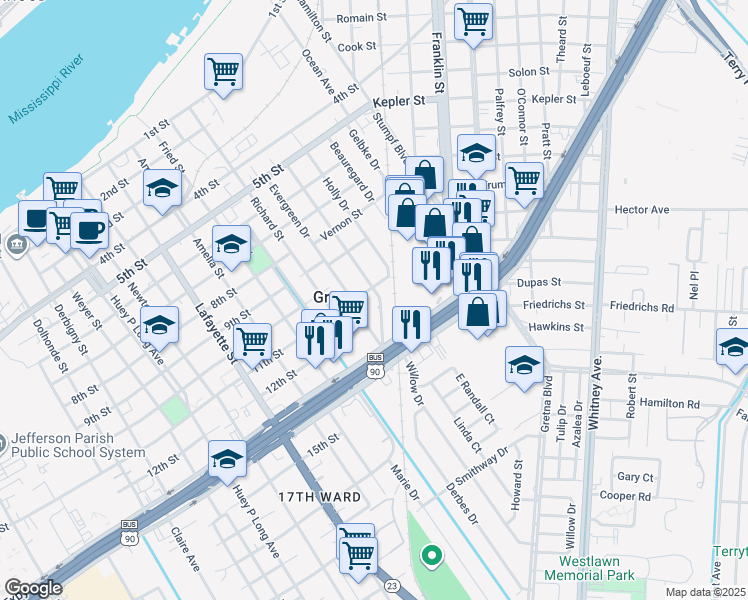 map of restaurants, bars, coffee shops, grocery stores, and more near 80 Willow Drive in Gretna