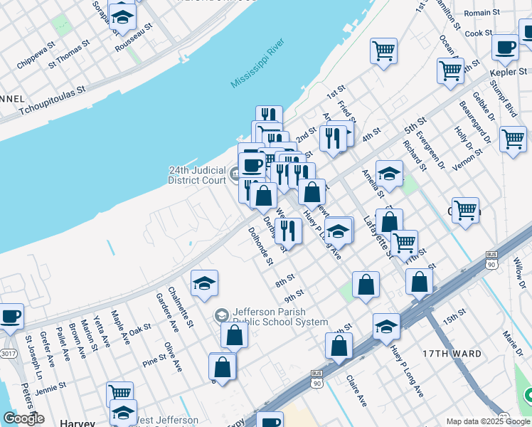 map of restaurants, bars, coffee shops, grocery stores, and more near 924 4th Street in Gretna