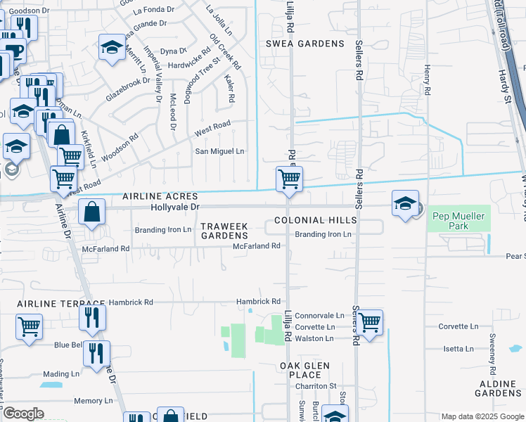 map of restaurants, bars, coffee shops, grocery stores, and more near 406 Hollyvale Drive in Houston