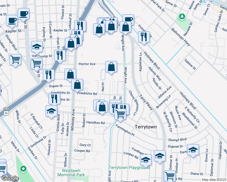 map of restaurants, bars, coffee shops, grocery stores, and more near 246 Helen Street in Terrytown