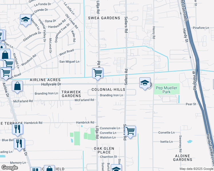 map of restaurants, bars, coffee shops, grocery stores, and more near 530 Hollyvale Drive in Houston