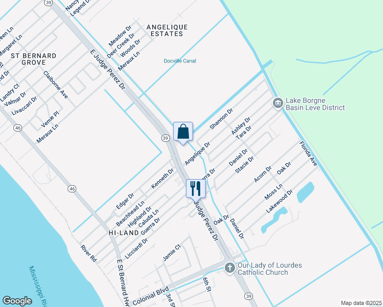 map of restaurants, bars, coffee shops, grocery stores, and more near 2620 Angelique Drive in Violet