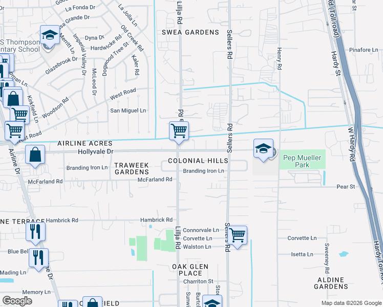 map of restaurants, bars, coffee shops, grocery stores, and more near 530 Hollyvale Drive in Houston