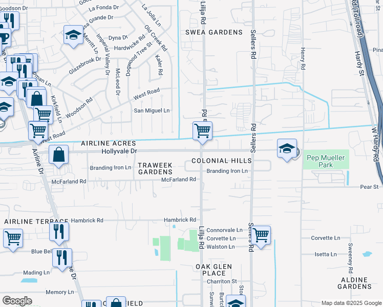 map of restaurants, bars, coffee shops, grocery stores, and more near 406 Hollyvale Drive in Houston