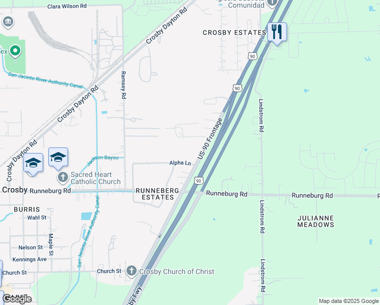 map of restaurants, bars, coffee shops, grocery stores, and more near 4505 U.S. 90 in Crosby
