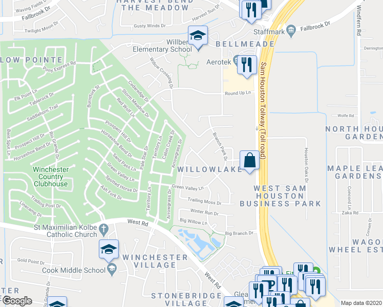 map of restaurants, bars, coffee shops, grocery stores, and more near 10031 Goldenglade Drive in Houston