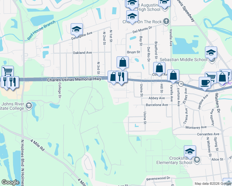 map of restaurants, bars, coffee shops, grocery stores, and more near 551 Lawrence Avenue in St. Augustine