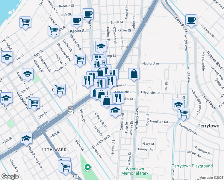 map of restaurants, bars, coffee shops, grocery stores, and more near 1212 Stumpf Boulevard in Gretna