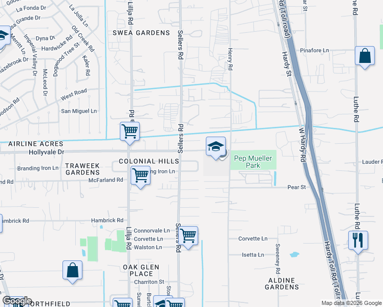map of restaurants, bars, coffee shops, grocery stores, and more near 702 Hollyvale Drive in Houston