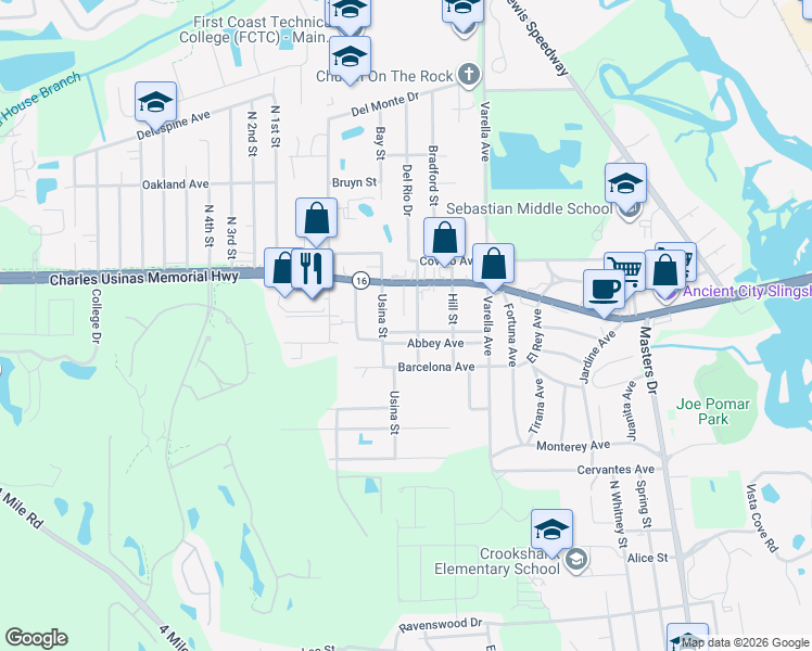 map of restaurants, bars, coffee shops, grocery stores, and more near 348 Saint George Avenue in St. Augustine