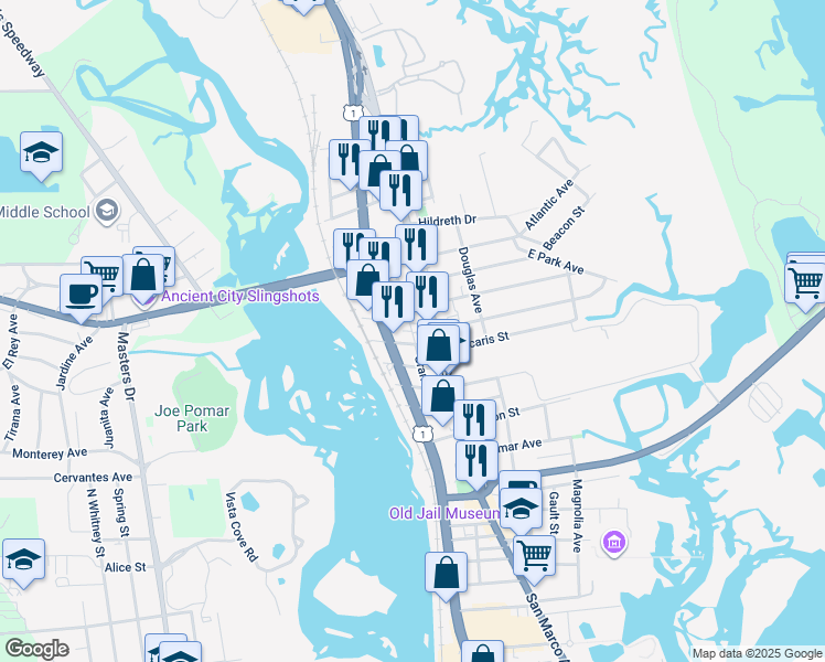 map of restaurants, bars, coffee shops, grocery stores, and more near 35 Grant St in St Augustine