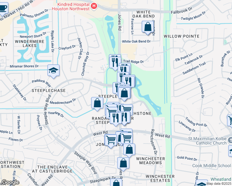 map of restaurants, bars, coffee shops, grocery stores, and more near 9715 Jones Road in Houston