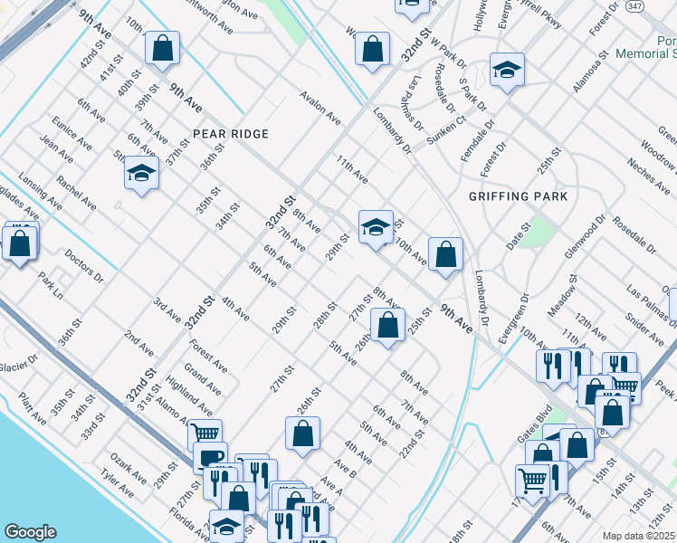 map of restaurants, bars, coffee shops, grocery stores, and more near 2910 7th Avenue in Port Arthur
