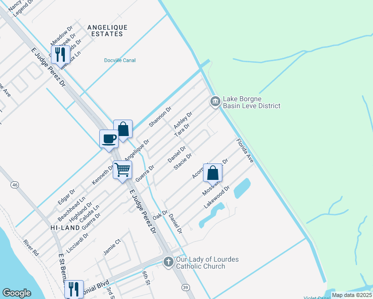 map of restaurants, bars, coffee shops, grocery stores, and more near 3105 Daniel Drive in Violet