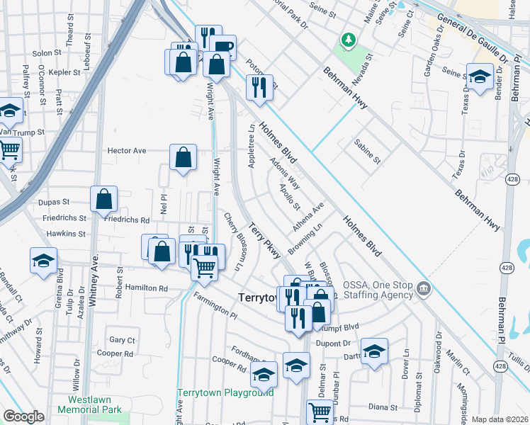 map of restaurants, bars, coffee shops, grocery stores, and more near Appletree Lane in Terrytown