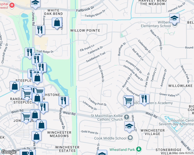 map of restaurants, bars, coffee shops, grocery stores, and more near 10418 Sand Pass Lane in Houston