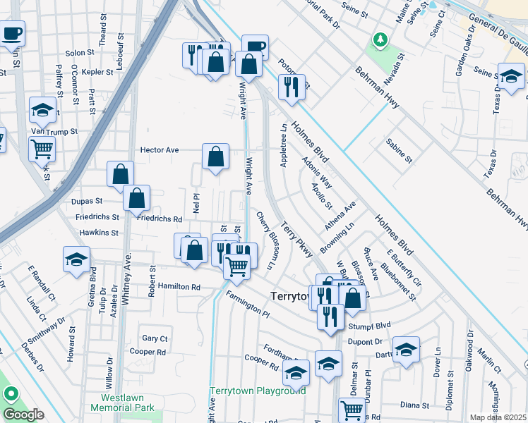 map of restaurants, bars, coffee shops, grocery stores, and more near 309c Cherry Blossom Lane in Terrytown