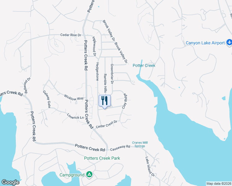 map of restaurants, bars, coffee shops, grocery stores, and more near 426 Clay Ridge in Canyon Lake