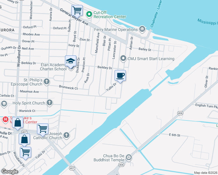 map of restaurants, bars, coffee shops, grocery stores, and more near 3611 Tasha Place in New Orleans
