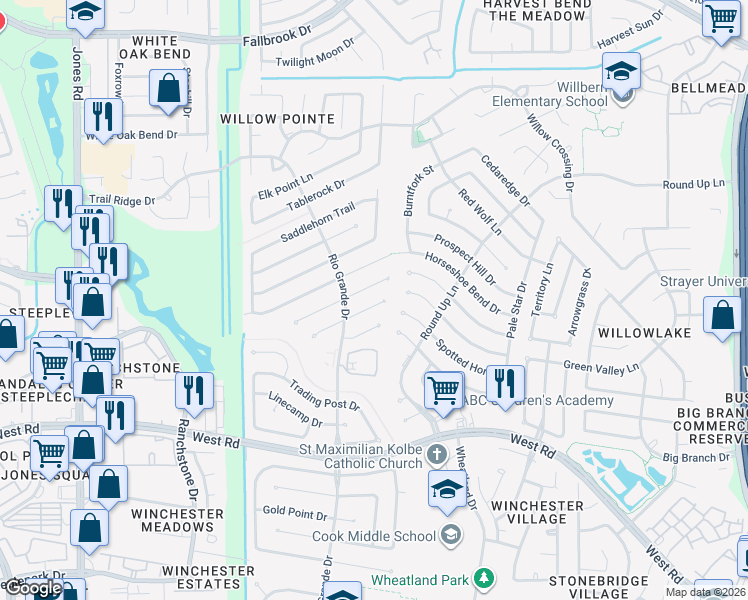 map of restaurants, bars, coffee shops, grocery stores, and more near 10306 Green Valley Lane in Houston
